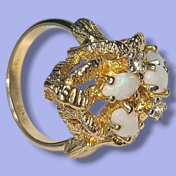 Vintage 18K HGE Gold Plated 4 White Opals & CZ Cocktail Ring Size 4.5 - Picture 6 of 16